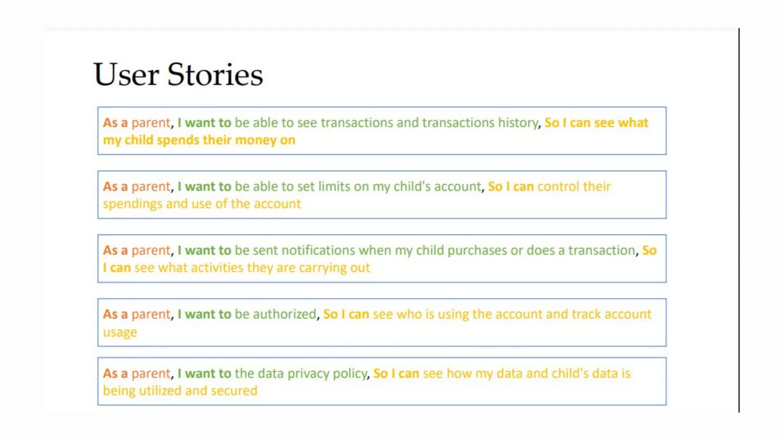 Kuda Teens: User stories